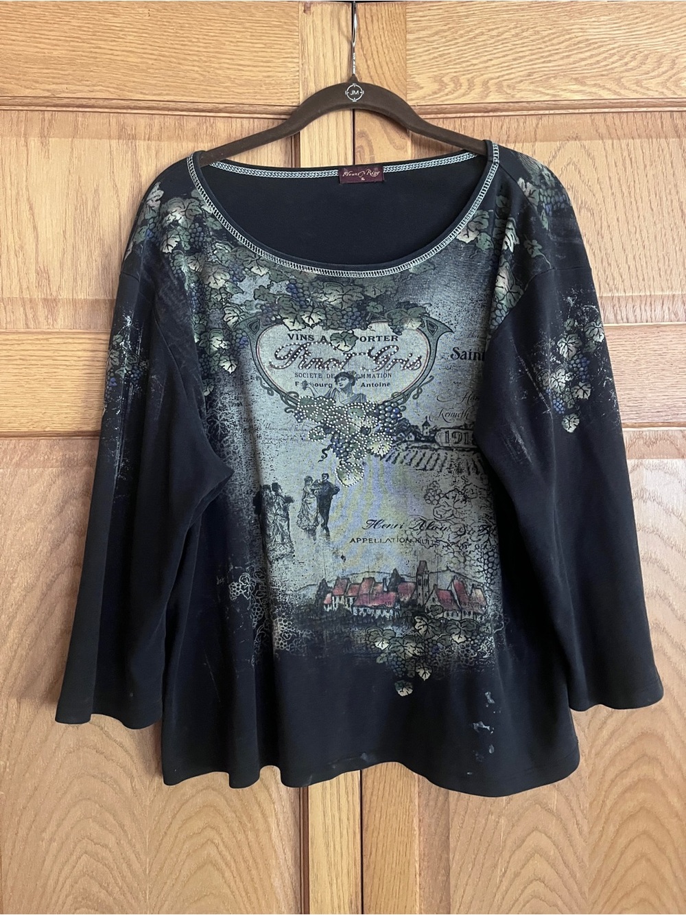 Black Graphic Scoop Neck Long Sleeve Top